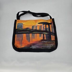 Hand Painted Canvas Tote Bag Original Cityscape Bridge Sunset Wearable Art Brook